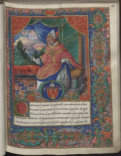 Illuminated manuscript page with a portrait of a man in elaborate attire, seated on a throne, and surrounded by an ornate border.