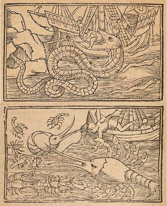 Vintage woodcut illustration of a ship being attacked by sea monsters and scorpions.