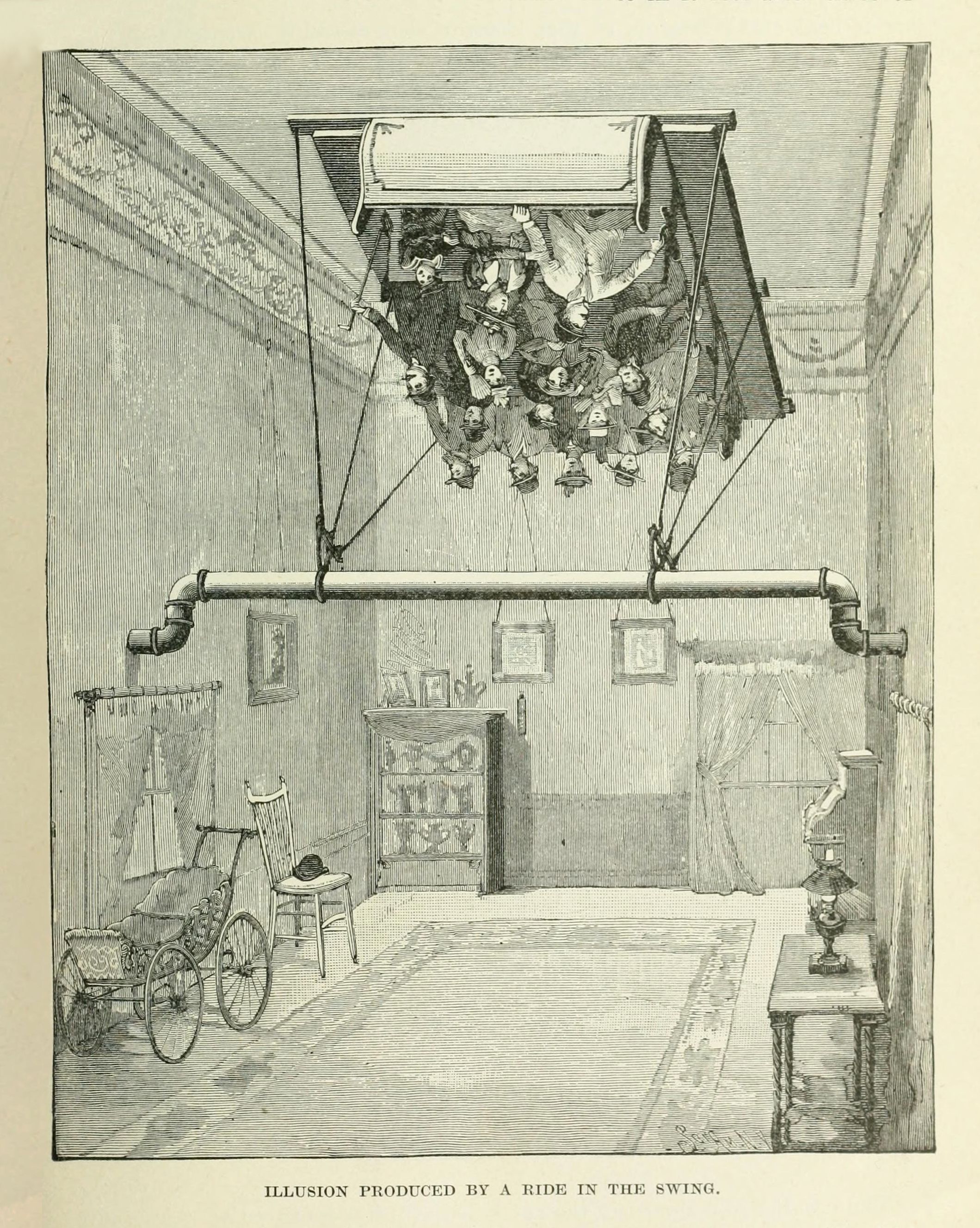 Vintage illustration of a room with a complex swinging apparatus filled with people suspended from the ceiling.