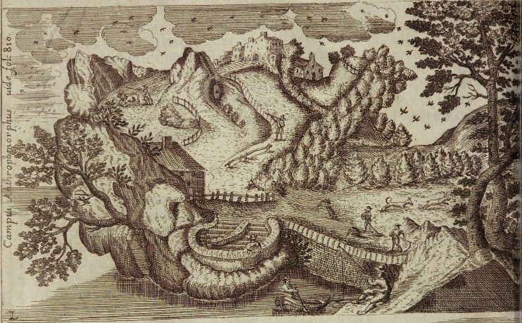 Antique engraving of a landscape with a mountain shaped like a human head.
