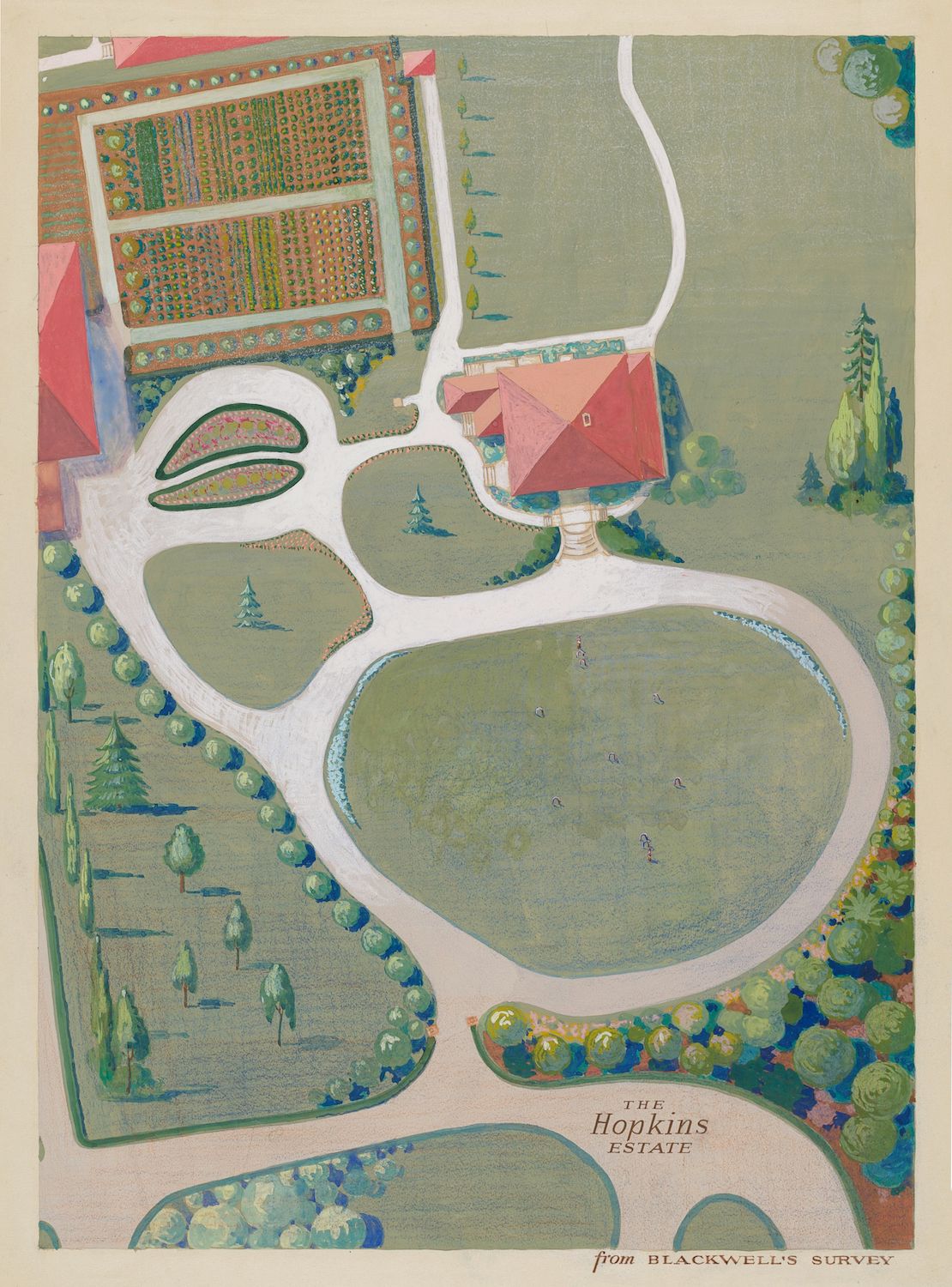 A vintage illustration of the Hopkins Estate, a sprawling property with a formal garden, a large house, and winding paths.