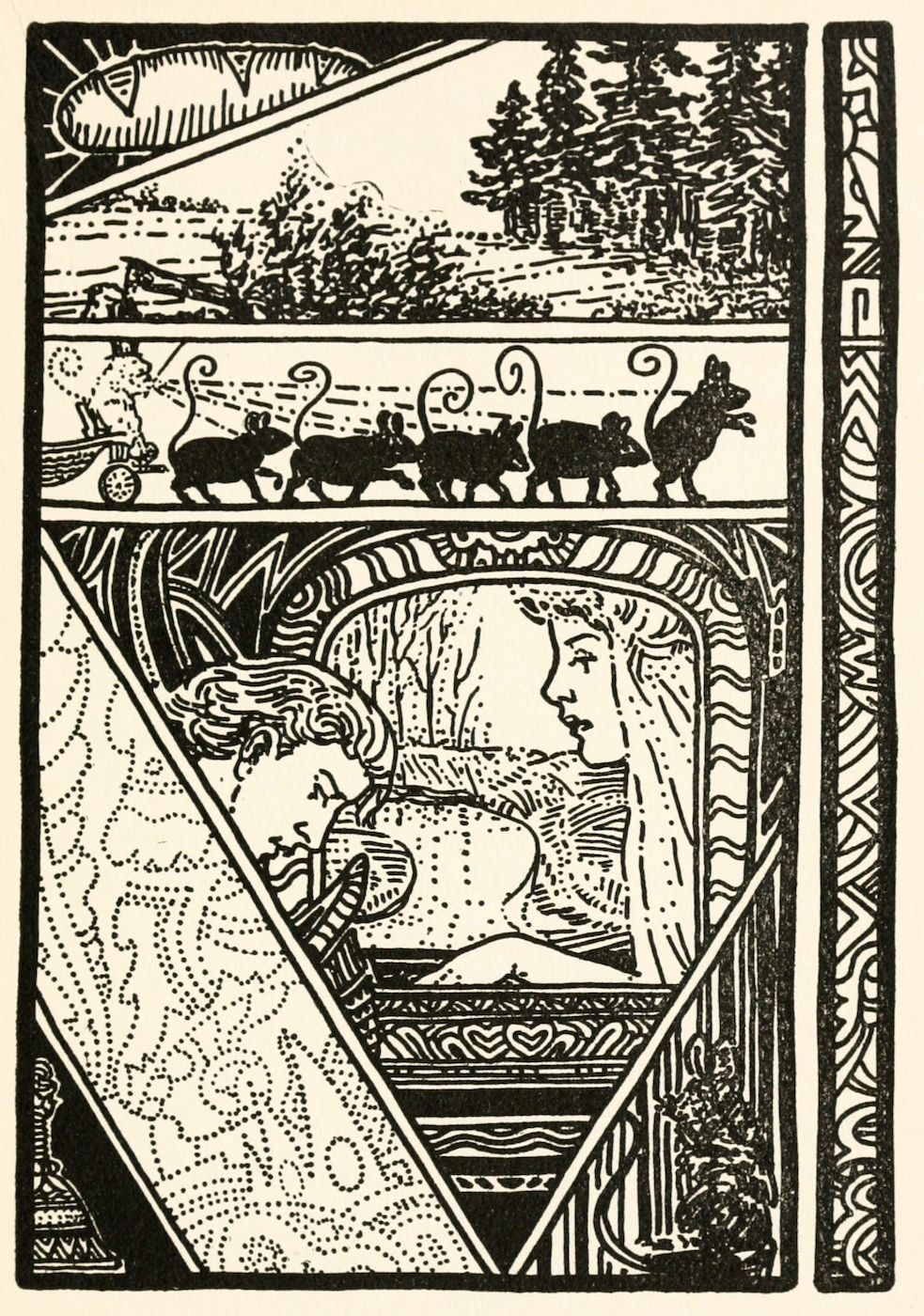 A black and white illustration in the Art Nouveau style depicting a line of mice approaching a reclining woman in a landscape setting, framed by a decorative border.