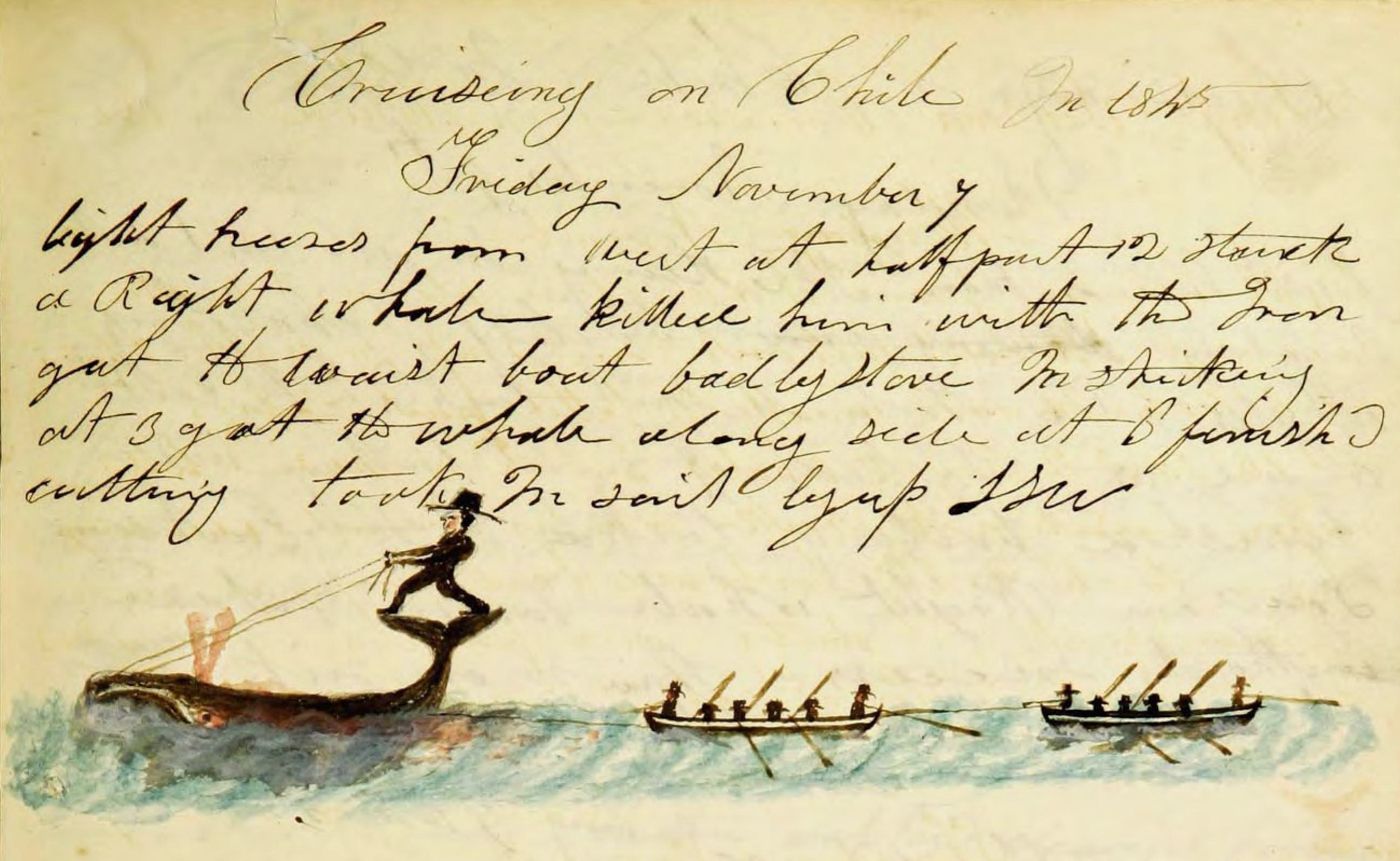 A vintage hand-drawn illustration of a small boat with a figure being towed by a line of larger boats filled with rowers. Handwritten text above the illustration describes the scene.