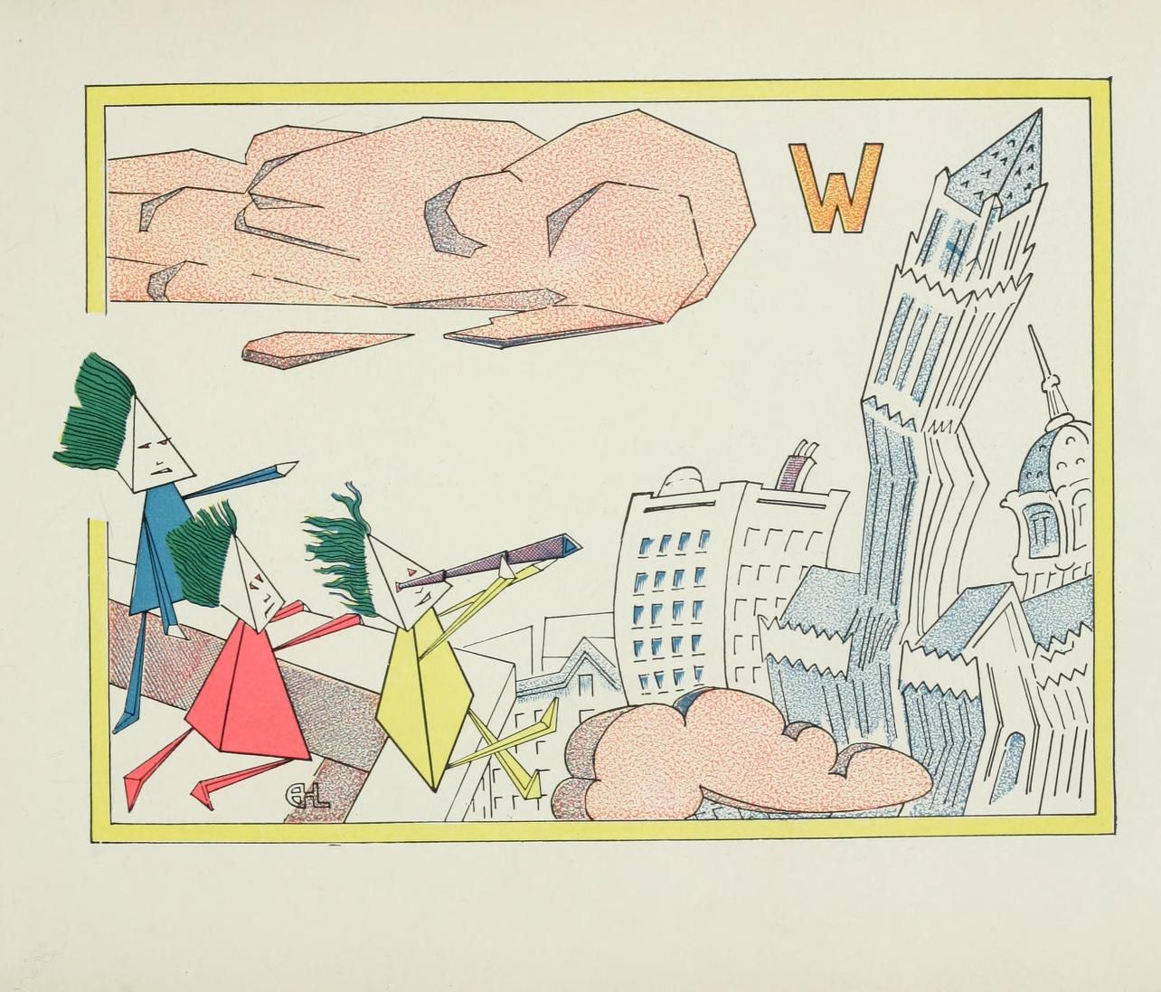 A stylized illustration depicting a hand descending upon a geometric cityscape with figures and a large letter 'W'.