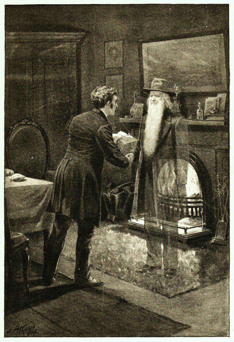 A black and white illustration of two men in a room with a fireplace. An elderly man with a long beard stands near the fire, while a younger man in a suit hands him a small box.