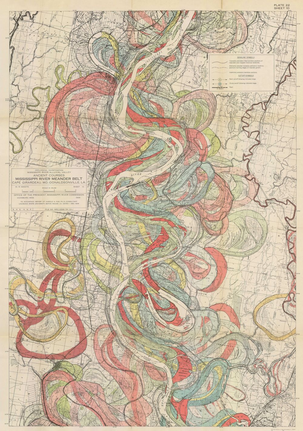 Vintage map of the Mississippi River meander belt from Cape Girardeau, Missouri to Donaldsonville, Louisiana, showing the river's winding course and floodplain with colored lines representing meanders and former channels.