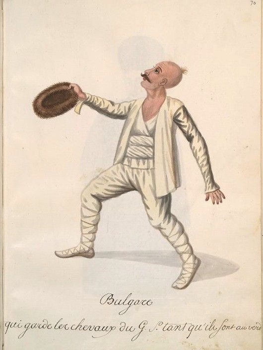 Watercolor painting of a man in a theatrical costume, holding a feathered hat and in a dynamic pose.