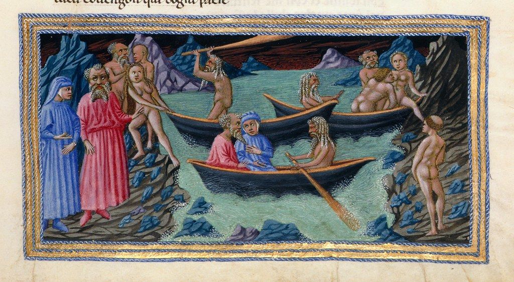Medieval illustration of a scene with boats and figures on a body of water.