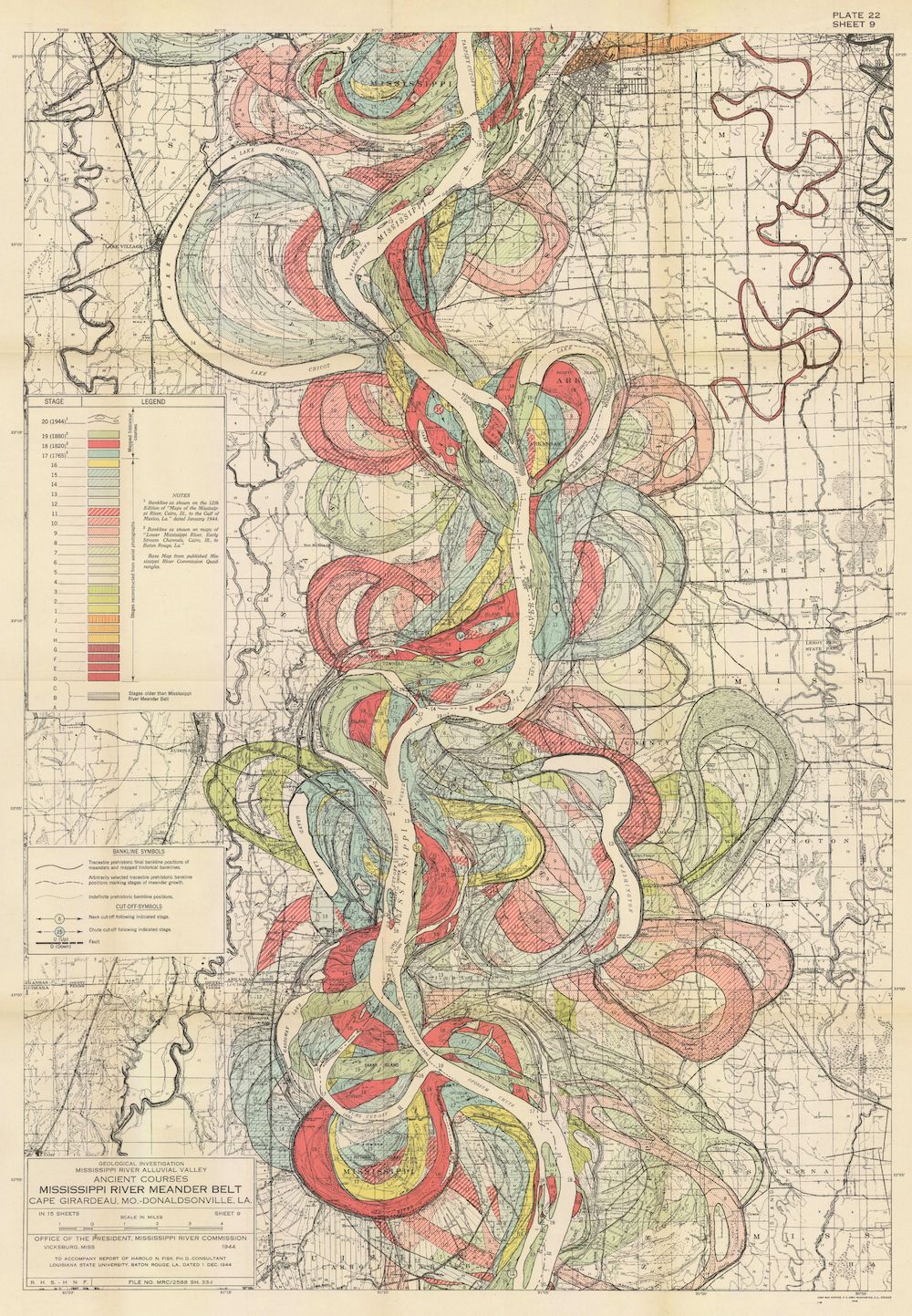 A vintage map titled "Ancient Meanders of Mississippi River, Between Cape Girardeau, Missouri and Donaldsonville, Louisiana". It's a detailed topographical map focusing on the historical course of the Mississippi River.