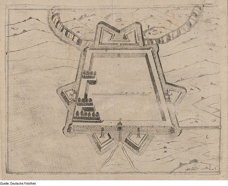 Vintage engraving of a fortress or castle with geometric bastions and a detailed layout.