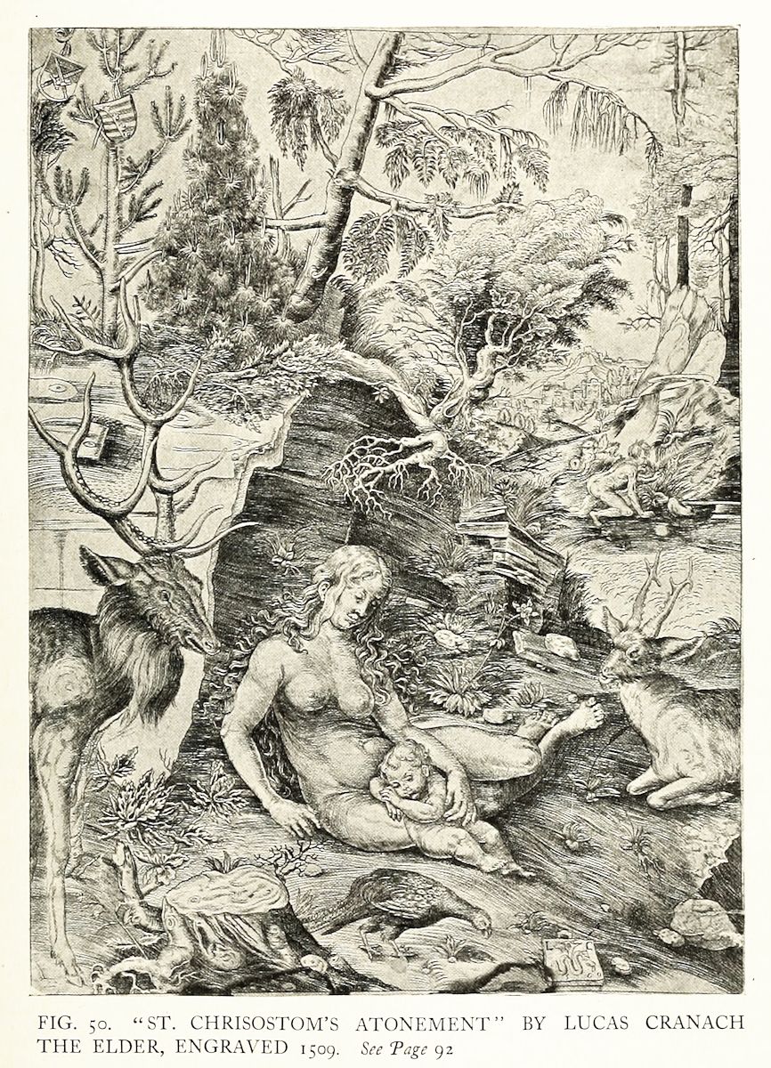 A black and white engraving titled "St. Chrisostom's Atonement" by Lucas Cranach the Elder, dated 1509. The scene is set in a dense forest with a variety of trees, some bare and some with foliage. The central focus is a nude man lying on the ground, seemingly in a state of repose or vulnerability. A woman is kneeling beside him, her hand gently resting on his back. She appears to be comforting or attending to him. To the left of the man, a deer stands, looking towards him with a curious or concerned expression. On the right, a figure resembling a demon or grotesque creature is crouched, seemingly observing the scene with a menacing or malicious intent.