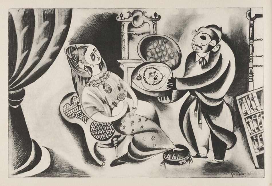 A black and white lithograph depicting a man presenting jewelry to a woman in a stylized and exaggerated manner.