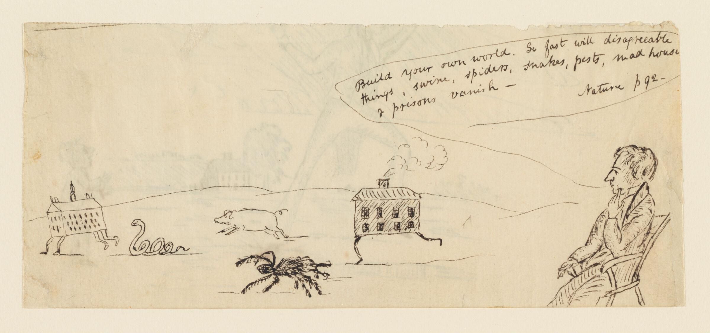 Pen and ink drawing of a landscape with a building, swan, dog, spider, house, cloud, man in a chair, and handwritten text.