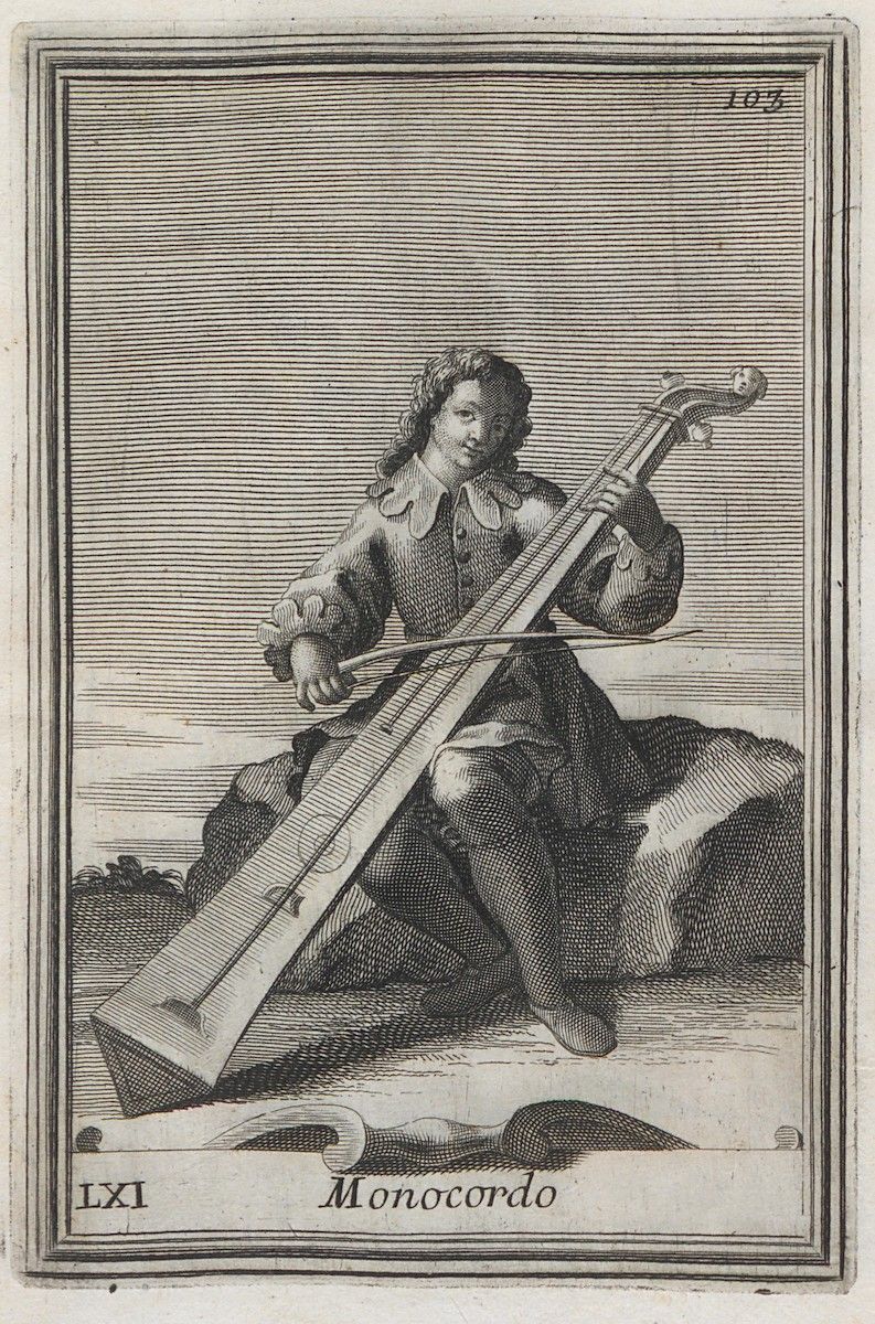 A black and white engraving of a man playing a large, single-stringed instrument called a monocordo. He is seated on a rock and dressed in 17th or 18th-century attire.