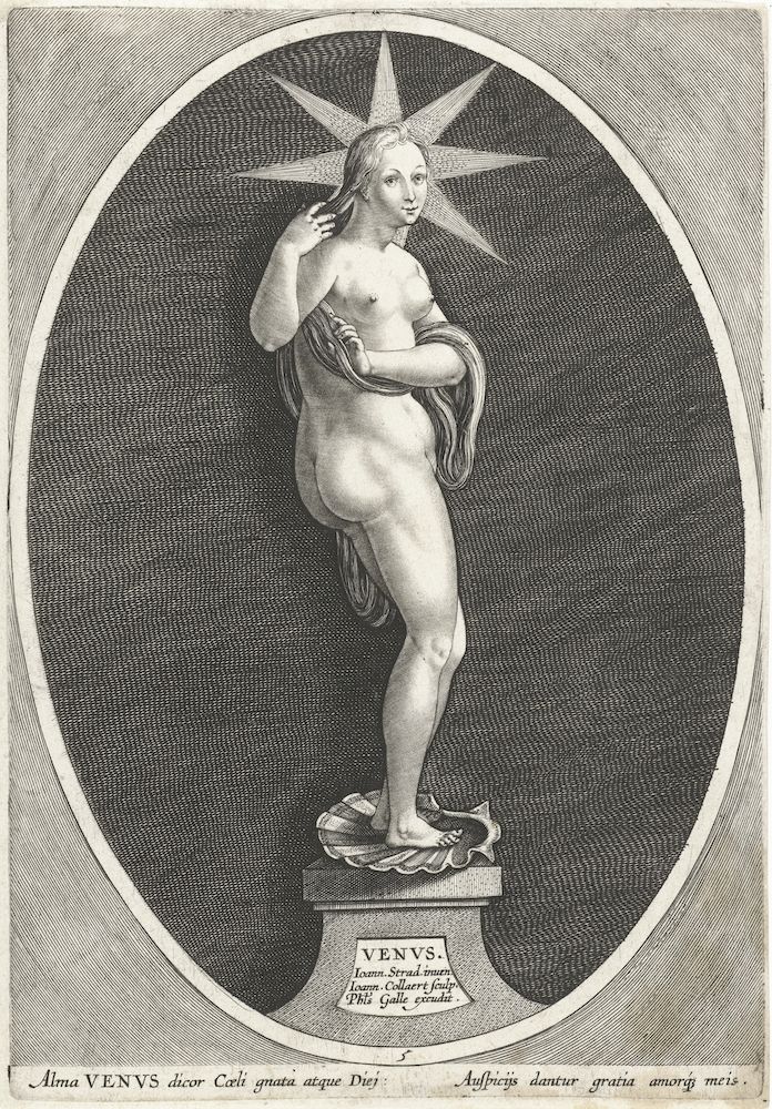 Black and white engraving of Venus standing on a shell.