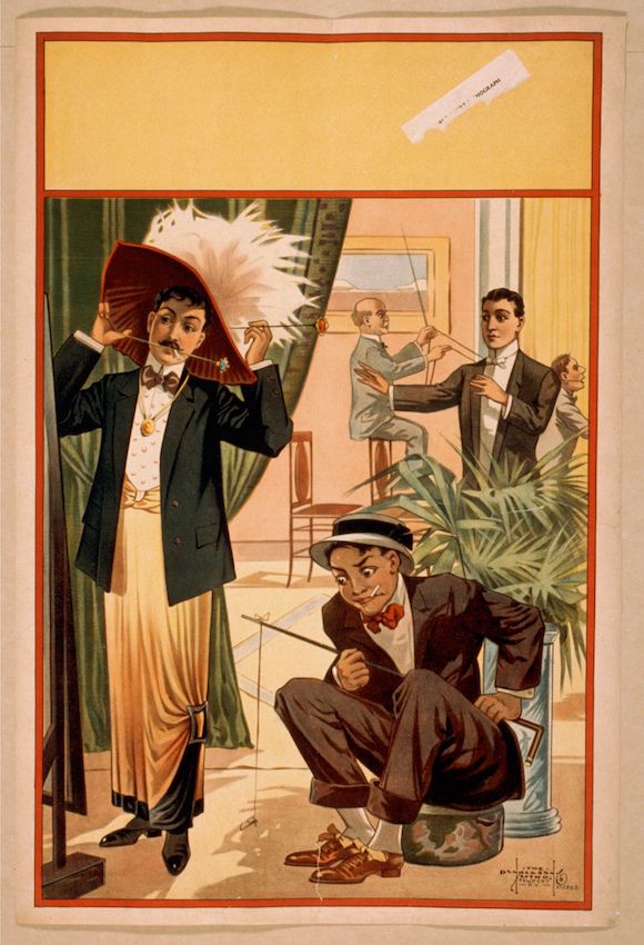 Vintage lithograph poster with a humorous scene of a man in a dress, a fencing match, and a spying man.