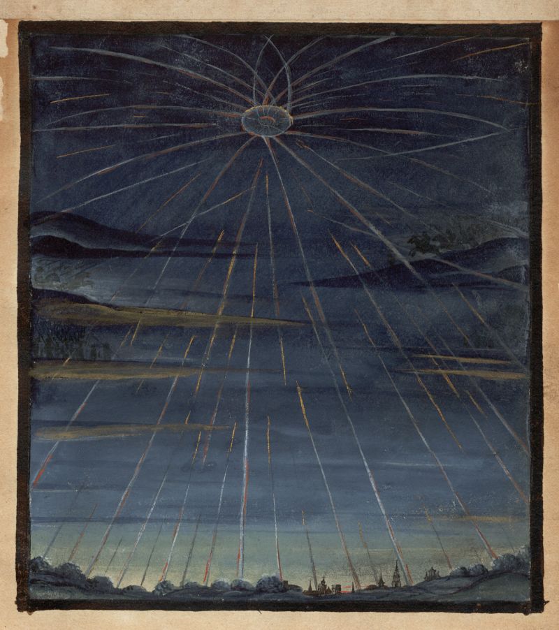 A painting of a cityscape illuminated by beams of light radiating from a bright point in the sky.