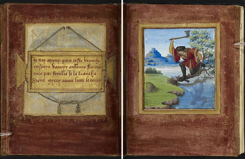 Open book with two pages. The left page has a decorative banner and handwritten text. The right page has a miniature painting of a man chopping down a tree.