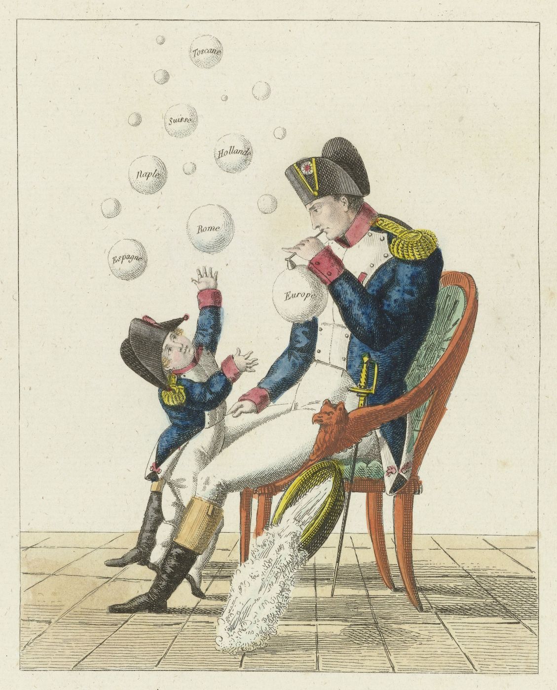 Political cartoon depicting Napoleon blowing bubbles labeled with European countries, with a small boy reaching for them.