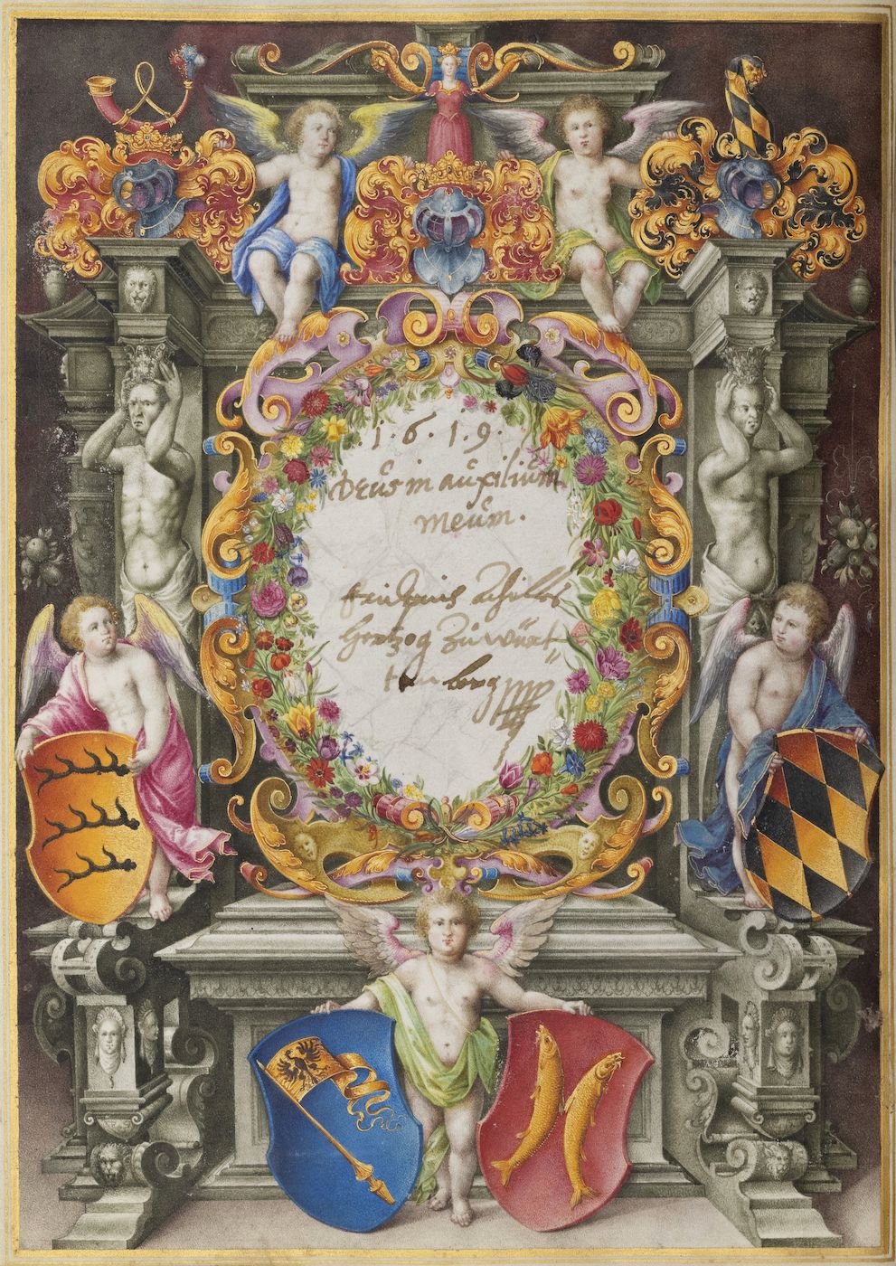 A detailed, ornate painting with a central shield-shaped cartouche surrounded by allegorical figures and decorative elements.