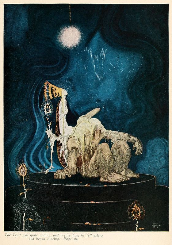 A vintage illustration of a troll asleep in a chair, with a glowing light above and stars in the background.