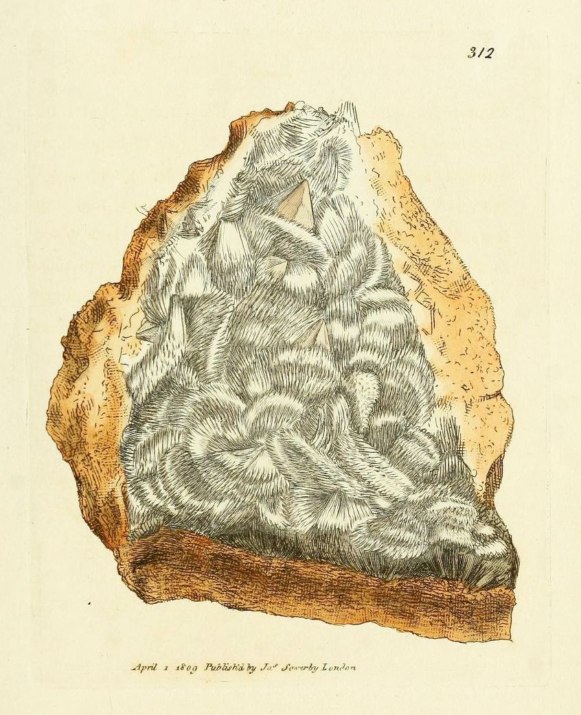 Vintage illustration of a rock formation with a large crystal inside.