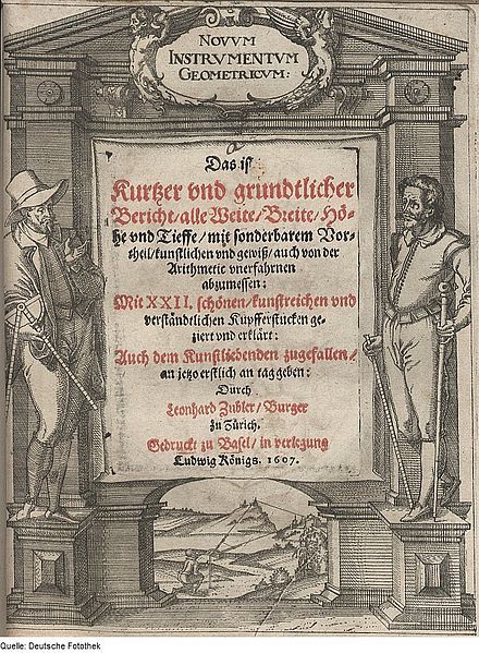 Detailed engraving of a book cover from 1607 with text, two men, and a table with geometric shapes.