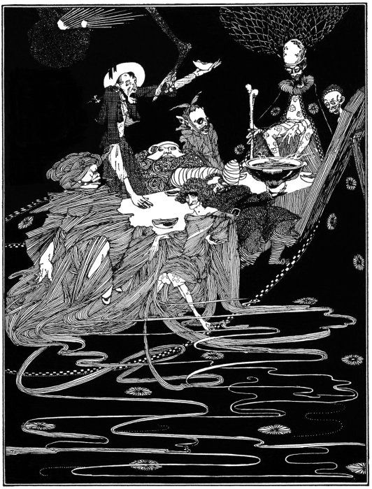 A black and white illustration of a group of spectral figures performing a ritual around a body of water under a crescent moon.