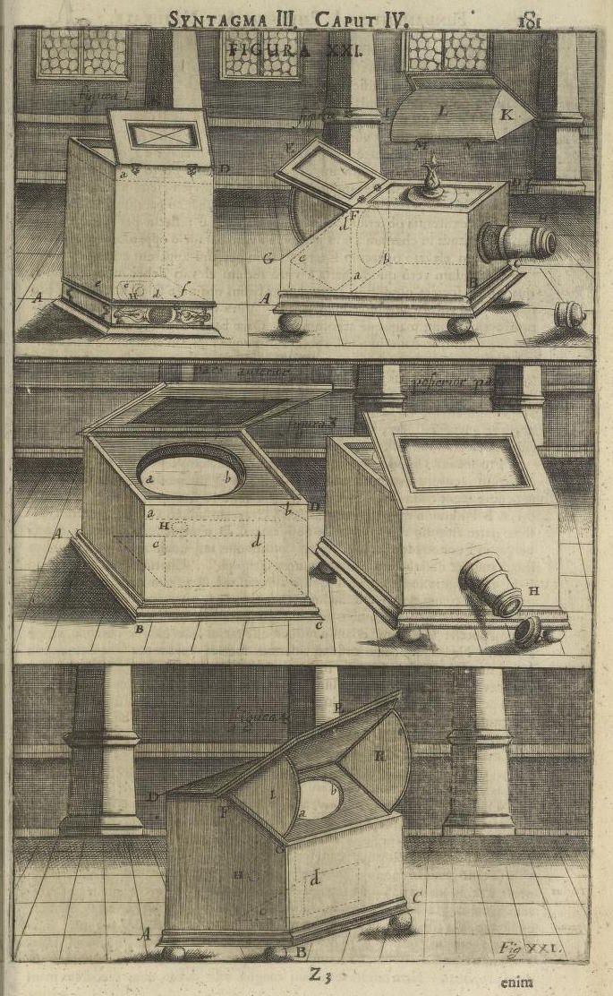 A detailed engraving depicting a complex arrangement of geometric shapes and mechanical components.