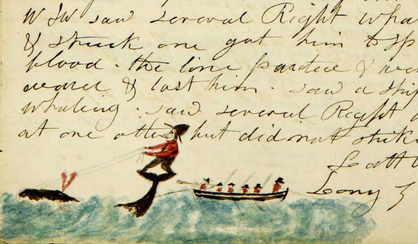 Watercolor painting of a whaling scene with a man being pulled by a whale and a boat full of people.