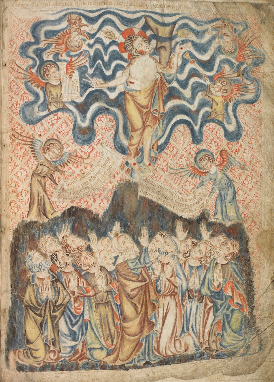 Medieval illuminated manuscript illustration of the giving of the Ten Commandments, with a central figure in clouds surrounded by angels and a crowd of people at the base of a mountain.