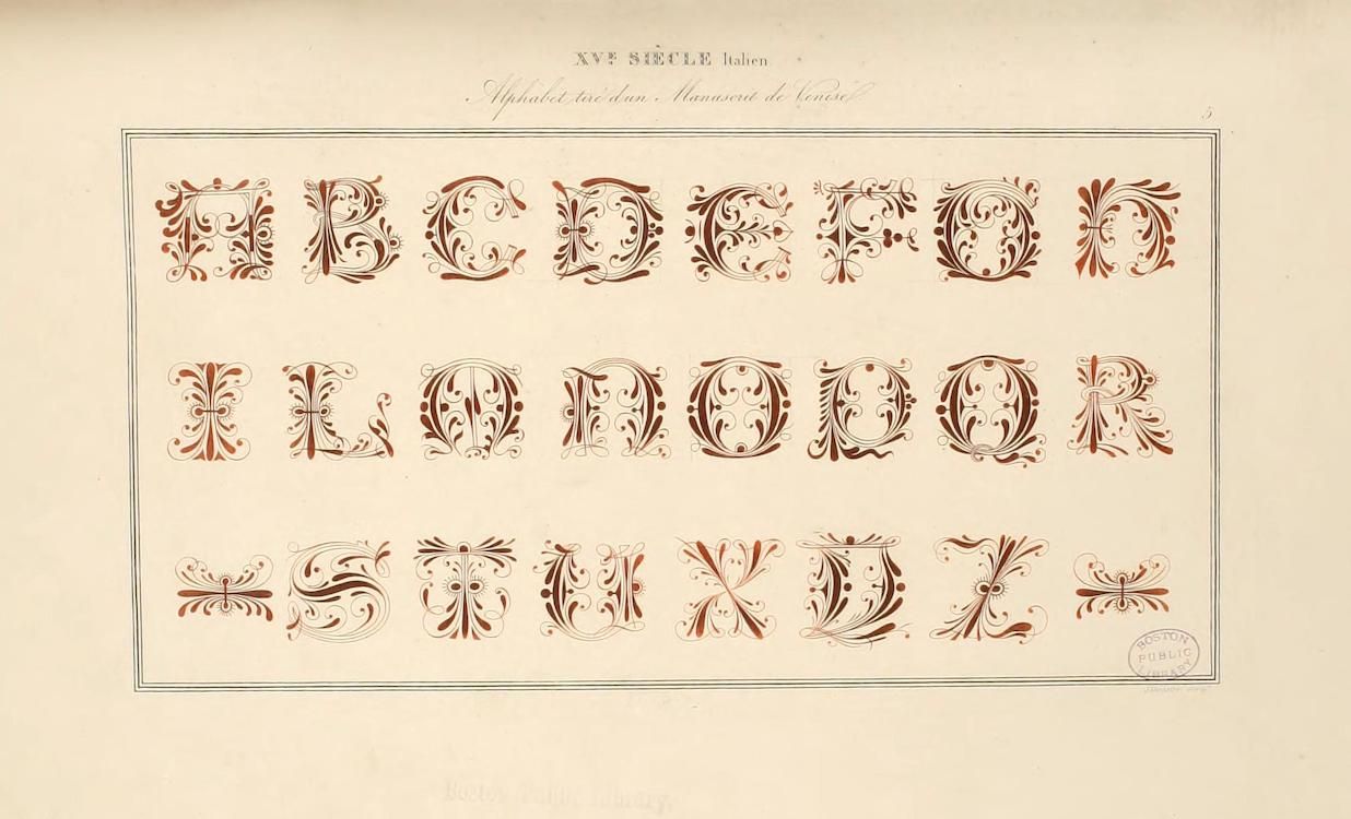 A page displaying an ornate alphabet in a historical style, with each letter intricately decorated with floral and vine-like ornaments.