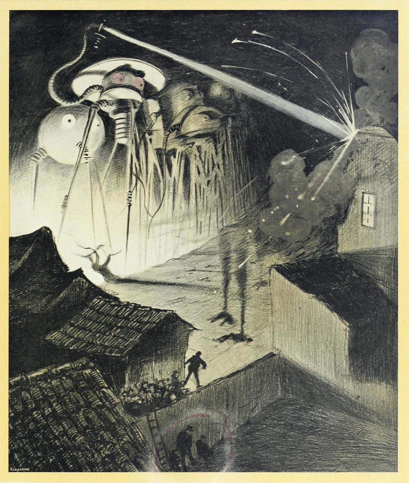 Vintage illustration of a massive, otherworldly aircraft hovering over a town at night, with a crowd of people gathered below.