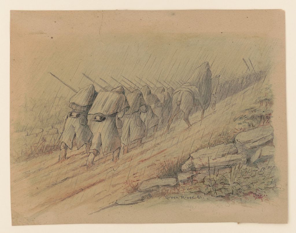 A black and white sketch of a chaotic battlefield scene with soldiers, horses, and cannons, set outdoors in the rain. The sketch is labeled 'Green River 61' in the lower left corner.
