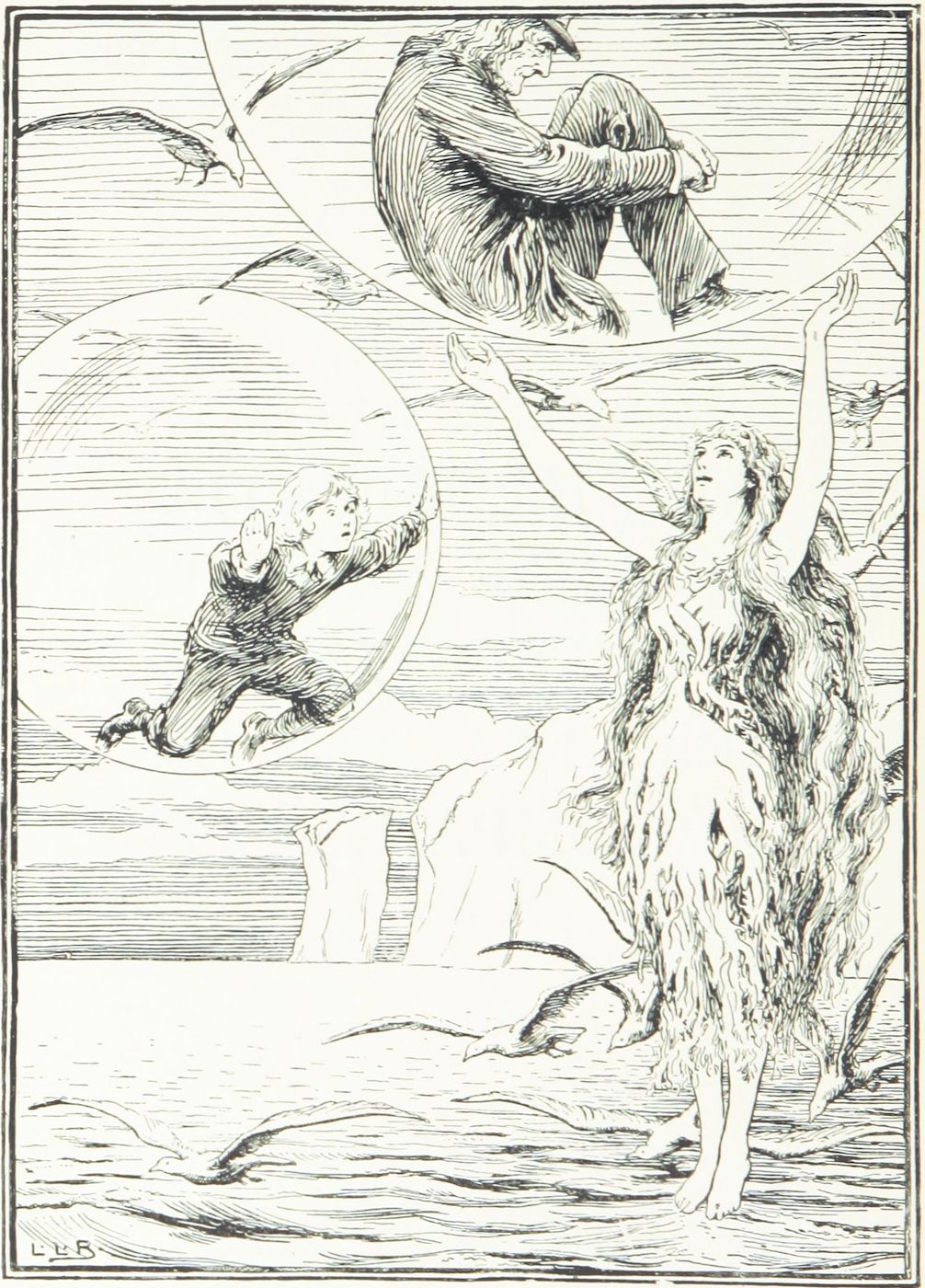 A vintage illustration of a boy swinging, a woman with a leafy dress raising her arms, and an older man floating in the air, set against a sky with radiating lines and rocks.