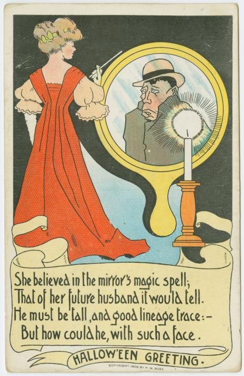 Vintage Halloween greeting card with a woman looking into a mirror that reflects a comical man.