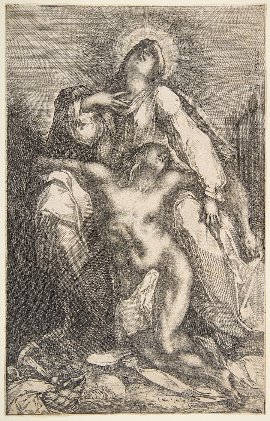 A black and white engraving depicting a dramatic religious scene, likely the Lamentation of Christ or a similar depiction of mourning.