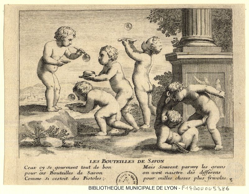 A vintage black and white engraving depicting a playful scene with cherubs and soap bottles.