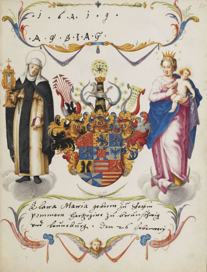 A detailed, colorful illustration of a coat of arms flanked by a nun and a woman with a child.