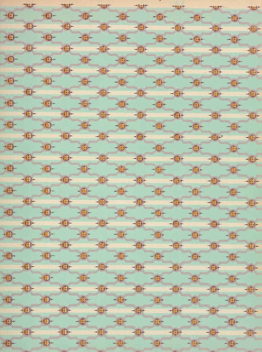 A repeating pattern of light-colored circular motifs with star-like designs on a pale green background.