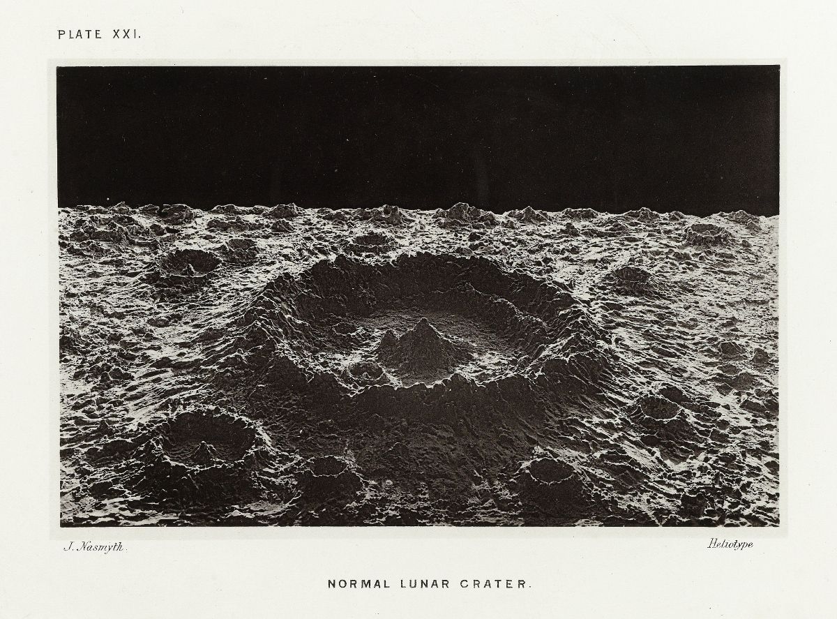 A vintage black and white illustration of a lunar crater with a rugged interior and textured surface.
