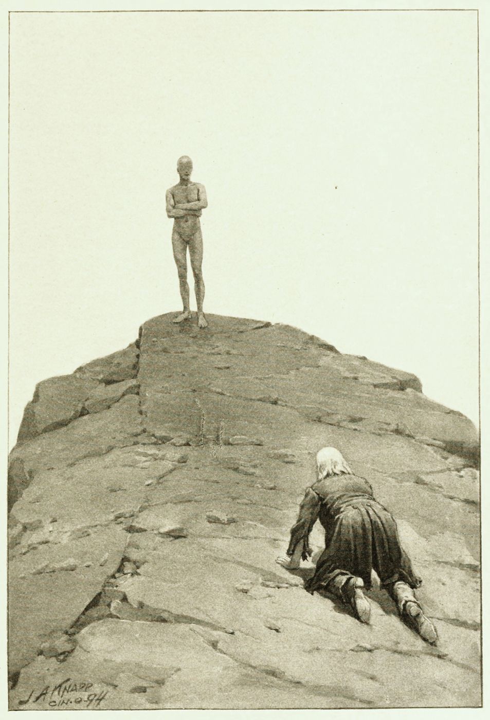 A black and white photograph of a nude figure standing on a rocky hill, with another figure kneeling at the base.