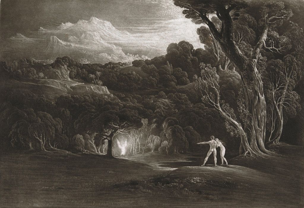 Black and white engraving of a landscape with two nude figures in the foreground.