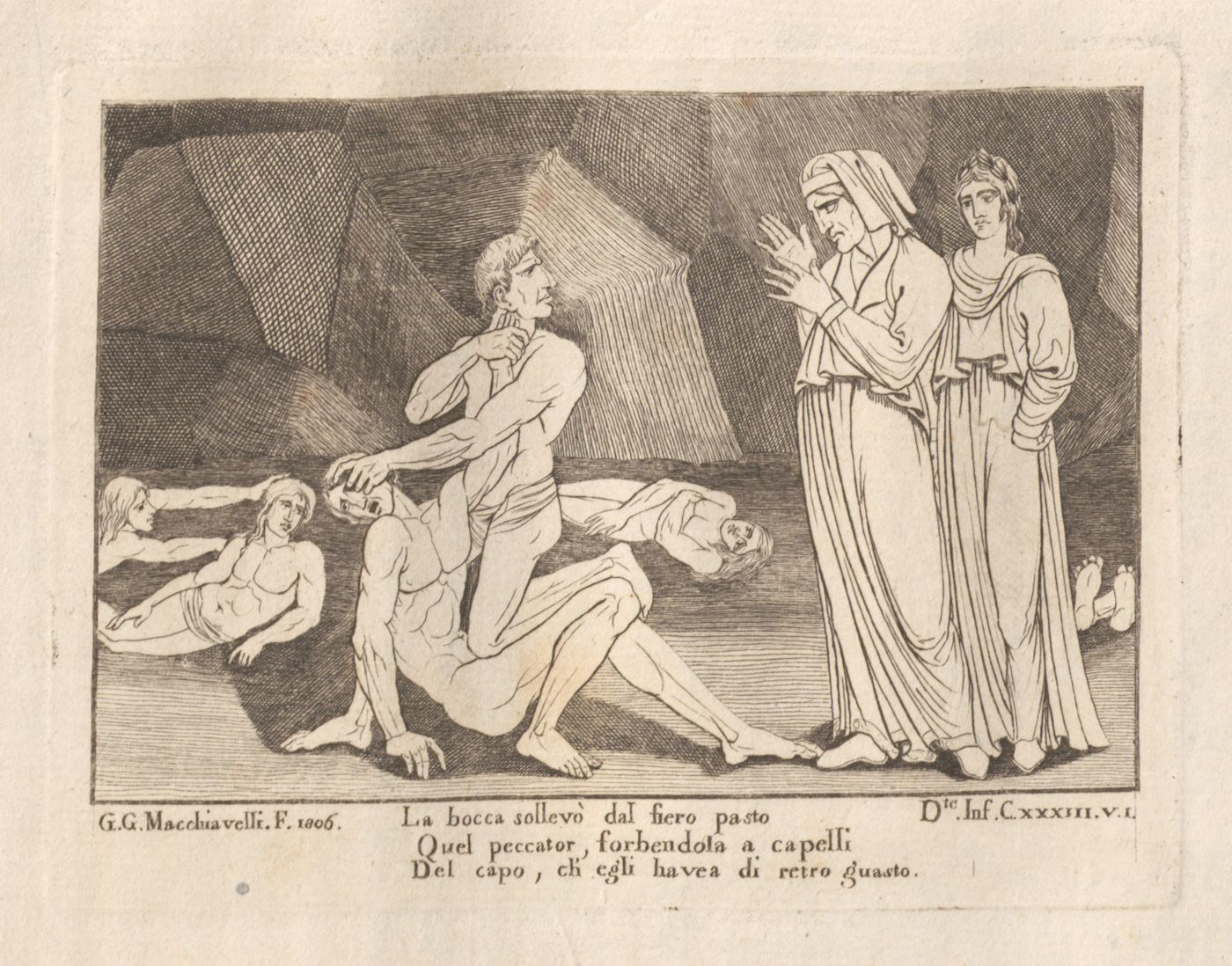 Black and white engraving of a scene with distressed figures and an observing figure.