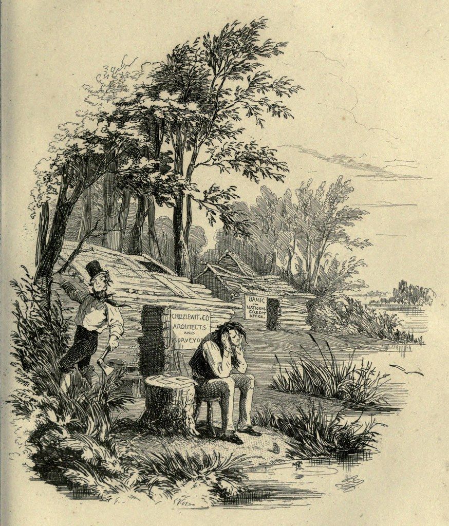 A vintage black and white illustration depicting a scene with two people in a natural setting. One man is standing and gesturing, while the other is seated and appears distressed. A sign reads "Chuzzlewit & Co. Architects & Surveyors".