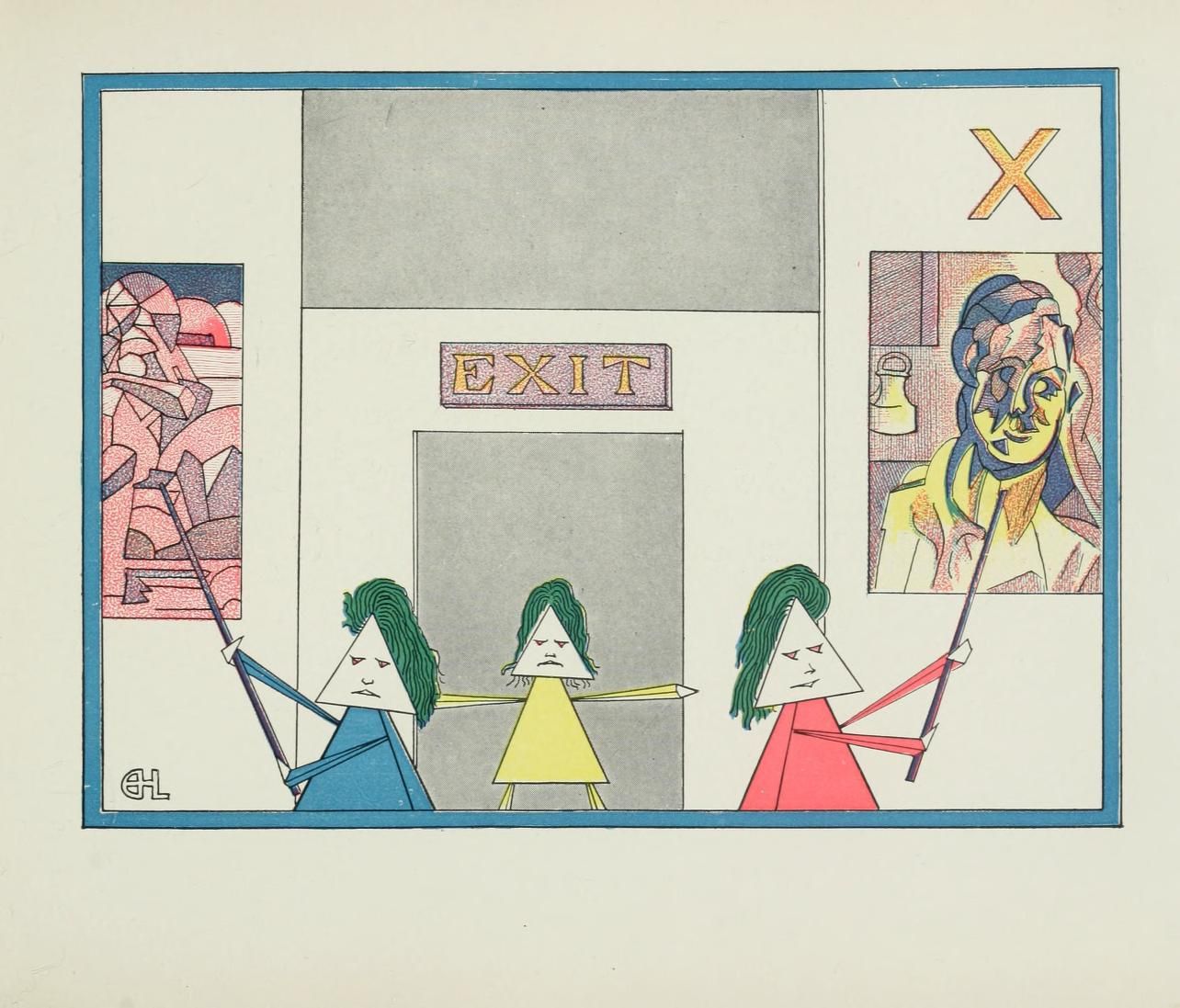 Illustration of four triangular figures standing in front of a door with an 'EXIT' sign, flanked by cubist artworks.