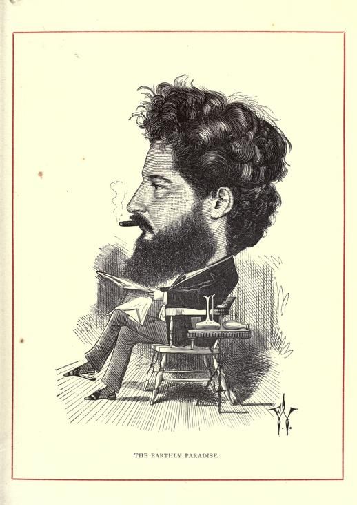 A vintage illustration of a man with a beard operating a sewing machine.