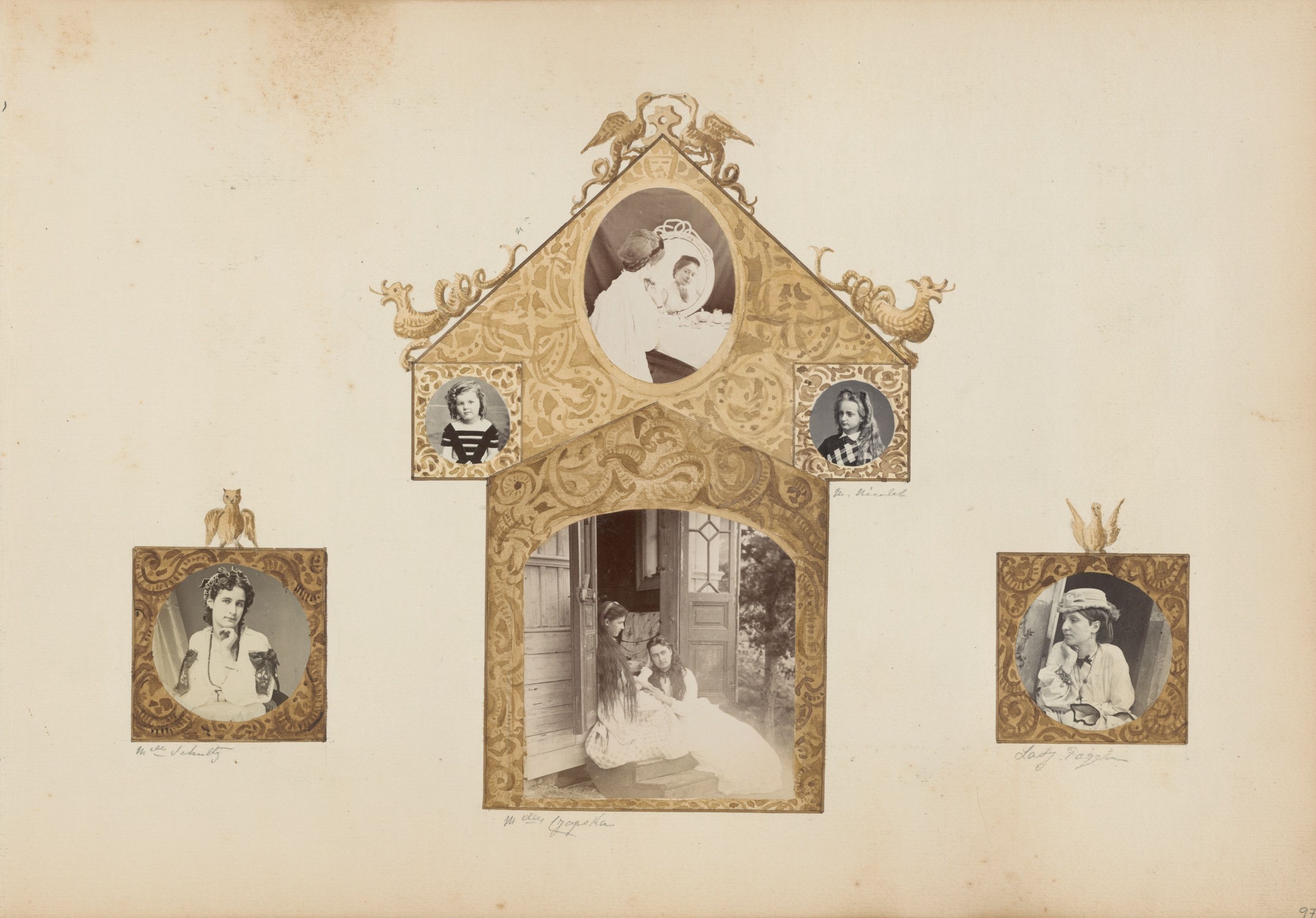 A vintage photograph featuring a central image of a house with several smaller portraits arranged around it.