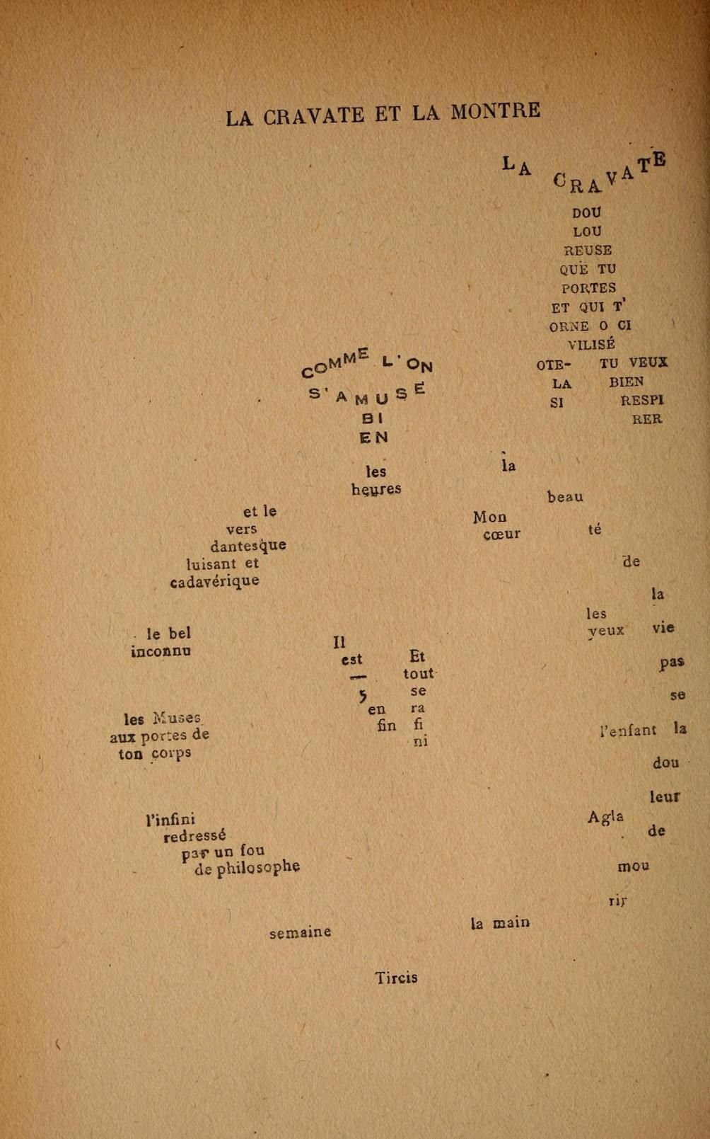 A page from a book or document with French text arranged in a fragmented, poetic layout.