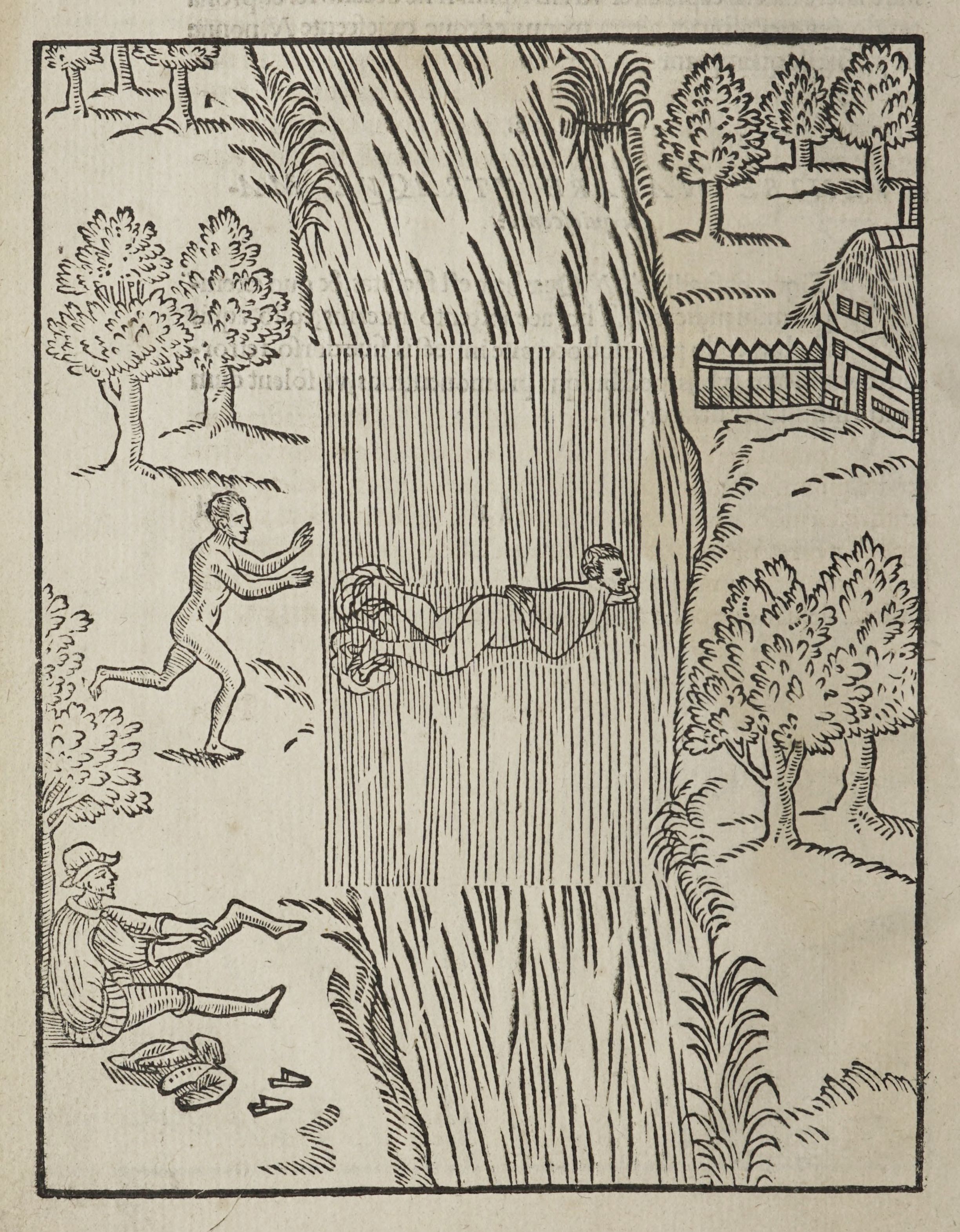 A black and white woodcut illustration depicting a dramatic scene with a man running towards a body of water where another man is being dragged by an animal.